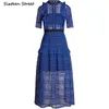 Dark Blue Lace Dress Woman High Waisted Short-sleeve Bodycon Dress Female Round Neck Hollow Out Runway Long Party Dresses Y1204