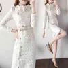 Brand Wool Women Elegant Package Hip Vestidos Pearl Single-breasted Tweed Bow Stand Collar Long Sleeve Sashes Dress 210416