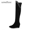 SOPHITINA Winter Cow Suede Warm Kee-high Boots Woman Genuine Leather Height Increasing Pointed Toe Crystal Decoration PO941 210513