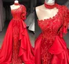 2022 Mermaid Red One Shoulder Prom Klänningar Lace Appliques Beaded Med Avtagbar Kjol Long Evening Gowns BC0693