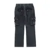 Patched Side Pockets Cargo Flare Pants Men Women Elastic Waist Street Fashion Men's Pants 210603