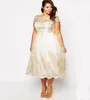 Kant applique plus size prom jurken met cap sleeves vierkante halslijn A-lijn formele kleding thee lengte tule avondjurken