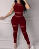 Kvinnor Mode Elegant Casual Sheer Mesh Tjockband Ärmlös Skinny Jumpsuit Solid Sexig Round Neck Party 220224