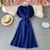 Été Solide Couleur Robes Femme Col Rond Taille Haute Taille Croix Cravate Est Mince et Tempérament Split Robe Midi C821 210506