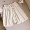 Summer Cotton Line Shorts With High Waist Loose Wide Leg Shorts For Women Knee Length Straight Cotton Short Female Plus Size 3XL 210611