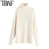 TRAF Women Fashion Thick Warm Loose Knitted Sweater Vintage High Neck Long Sleeve Side Vents Female Pullovers Chic Tops 210415