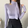 Womengaga Korea Wiosna Siatka Przezroczyste Sexy Czarowna kobieta Elegancka Hollow Bow Neck Turtleneck Slim Bass T Shirt L8L8 210603