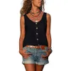 Sommar Kvinnors Solid Färg V Neck Button Vest Casual Loose Ärmlös Fick Tank Tees Ladies Oversized Pullover Toppar 210507