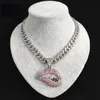 Tone Color Micro Pave Pink Cubic Zirconia Drip Lip Pendant Necklace Iced Out Bling Miami Cuban Chain for Women Hiphop Jewelry Neck2509
