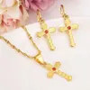 18k Fine Gold CZ pendnat earrings leaf red flower bright-coloured women Jewelry Sets Europe Wedding Gift Dubai diy charms