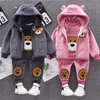 Roupas de bebê Outono e inverno ouro veludo grosso terno quente cartoon urso com capuz camisola menino menina fleece crianças conjunto de 3 peças conjunto 220118