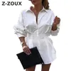 Vrouwen jurk lange mouw single breasted shirt es geplooide hoge taille wit sexy mini es lente zomer 210524