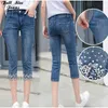 Plus Size Korean Embroidery Beading Stretch Jeans 4XL 5XL Summer Hight Waist Calf Length Denim Pencil Pants Indie Aesthetic XS 210922