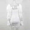 ISAROSE Frauen Weiße Bluse Kleid Lange Puffärmel Vintage Baumwolle Bodycon Hohle Brust Sexy Quadrat Kragen Mädchen Club Mini Kleider 210422
