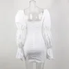 ISAROSE Women White Blouse Dress Long Puff Sleeve Vintage Cotton Bodycon Hollow Chest Sexy Square Collar Girls Club Mini Dresses 210422