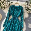 Vår Retro Fashion Streetwear Midi Dress Lace Broderi Leaf Dress Kvinnor Koreansk Långärmad O Neck A-Line Dresses 210521