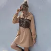 Leopardtryck Spliced ​​Casual A-Line Dress Women Khaki Drawstring Winter Short Dress Vintage Dress 210415