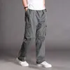Thoshine Brand Spring Otoño Hombres Casual Pantalones de carga 95% algodón Múltiples bolsillos múltiples Pantalones delgados sueltos Talla grande de gran tamaño 210715