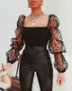 Sexiga kvinnor rynkade Backless Blouse Shirt Mesh Sheer Puff Sleeve Wrap Bröst Toppar 2020 Vår sommar damer Dots Blus H1230