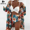 3 Peças Bikini Set Summer Sexy Cintas Bra + Cardigan Tops Banheira Terno Biquini Mulher Swimsuit Print Bikinis Bikinis Swimwear 210702