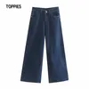 Toppies High Waist Wide Ben Byxor Jeans Kvinna Lösa Trosuers Kvinna Navy Blå Denim Byxor Streetwear 210412