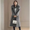 Шерстяное пальто женщины меховой воротник с капюшоном плюс размер серые синие длинные топы осень зима корейский густой тепловый сочетание куртки lr684 210531