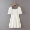beauty Casual Style White Mini Dress Women Holiday Ruffles Bow Ladies es Summer Deep V-neck Sexy Cotton 210514