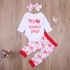 0-18m Min 1: a Alla hjärtans dag född baby flicka kläder uppsättning sommar söt spädbarn brev romer + byxor huvudband outfits 210515