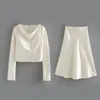 Sonbahar Zarif Elbise Kadınlar Seksi saten simülasyon ipek uzun kollu gömlek saten rahat zarif takım elbise uzun elbiseler iki parçalı 210514