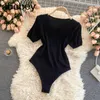 Solid Casual V Neck Fitness Rompers Women Bodysuit Short Sleeve Regular Jumpsuit Fashion Streetwear Outfits Style 210715