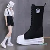 Botas Comfy Andando Moda Gótica Preto Branco Cadarços Branco Zipper Altura Aumentar Plataforma Mulher Sapatos de Inverno Joelho Alto Botas