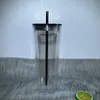 DIY 24 unz przezroczyste plastikowe kubki płaskie pokrywki akrylowe butelki z wodą ze słomką podwójnie ściany przenośny biurowy kubek do kawy wielokrotnego użytku przezroczysty solidny kubki do picia min min min