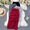 HangCode Ins Sexy Split Shirring Wrap Skirts Women Elastic High Waist Brief Bodycon Knee-length Skirts Casual Ladies Skirts X0428