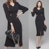 Koreanische Sexy Bodycon Kleid Frauen Herbst Büro Dame Stilvolle Puff Sleeve Bowknot V Kragen Casual Midi Kleider Vestido 210514