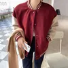 Women Outwear Bomber Jacket Pocket Button Navy Blue Wine Red Letter Print Casual C0440 210514