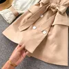 Office Lady Light Mature Autumn Retro Lace-up Waist Double Breasted Dress Mini Puff Long Sleeve Notched Tops Temperament Coat 210610