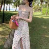 Lato Elegat Pasek Sukienka Kobieta Bez Rękawów Kwiatowa Sukienka Koreański Styl Plaża Francuski Vintage Midi Sukienka Kobiety Chic 210521