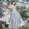 ヨシミロング女性のドレスエレガントな夏ノースリーブVネックミッドカーフフィットアンドフレアフローラル刺繍イブニングパーティーグレー210604