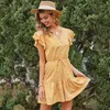Surmiitro mulheres sexy verão mini vestido v pescoço lace up amarelo bolinhas manga curta túnica festa de praia feminina 210712