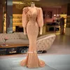 Luxe Dubai Rose Gold Long Mouw Avondjurk voor Dames Bruiloft Groeden 3D Bloemen Kralen Musim Formele Prom Jurken 2021
