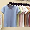 Sommar damer toppar casual plus storlek skjorta kvinnor bomull blus solid s-5xl 8 färger v-färg kortärmad tröjor 9486 210527