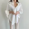 Koreaanse chique mode losse rug split belde mouw shirt herfst eenvoudige solide ol lange blouse chemisier femme 10295 210521
