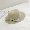 Vrouwen plaid strik strohoed buitenzon bescherming platte kap zomer strand vakantie casual caps opvouwbare brede rand hoeden