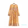 Women Floral Print Maxi Dress New V-Neck Sexy Long Sleeve Vintage Bohemian Beach Vacation Vestidos Spring Summer Loose Casual Dresses