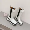 2021 Herfst Winter Dik-Soled Laarzen Boog Mid-Tube High-Top Locomotief Martin Boot Dames Vierkante Teen Dikke Hak Verhoogde Mode Schoenen