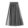 Ladies PU Fur Faux Leather Midi Skirts Winter Solid Fashion Pleated High Waist Vintage Long Skirt For Womens Fall