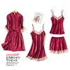 Svart 4PC silke pyjamas för kvinnor Designer Lace Satin Gown Set Kvinna V-nacke Nightwear Summer Soft Robes + Sling + Shorts + Nightdress X0526
