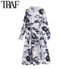 Traf dames chique mode graffiti print geplooide midi jurk vintage split met lange mouwen splitom vrouwelijke jurken vestidos mujer 210415