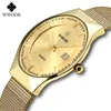 Wwoor Luxury Ultra Cienkie Męskie Zegarek Kwarcowy Wodoodporna Dorywczo Sportowe Mesh Steel Gold Automatic Date Watch Relogio Masculino 210527