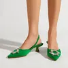 Dress Shoes Sparkle Rhinestone Buckle Décor Mules Pointed Toe Kitten Heel Pumps Women Backless Low-heeled Party Size 35-41 Green Color